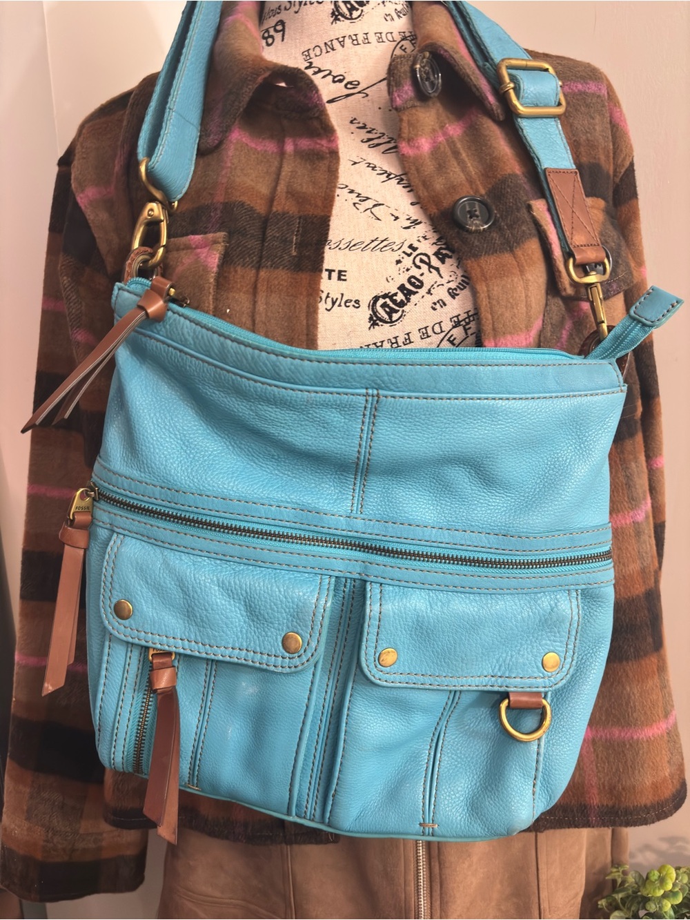Fossil Bright Turquoise Leather Crossbody Bag